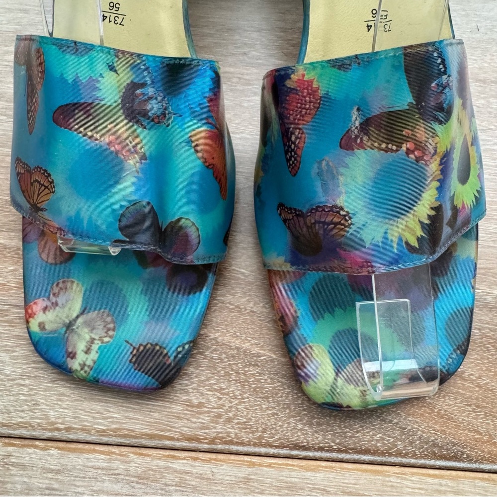 Vintage 90s Fioni Holographic Butterfly Sunflower Heels Mules Shoes Rave 6.5 - Picture 4 of 10